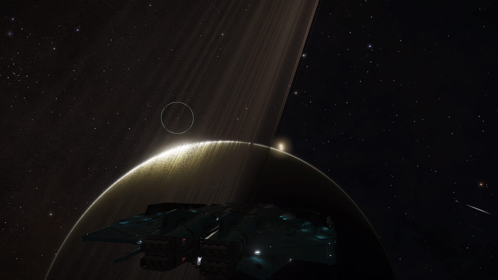 Atmospheric planetary scene with ship and rings.