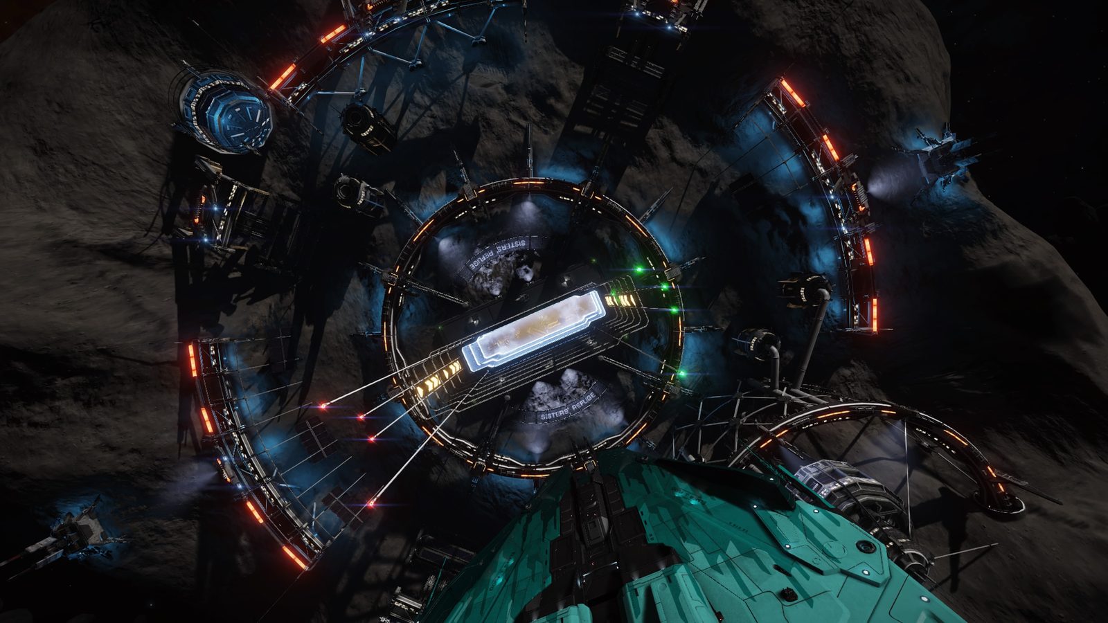 Asteroid station with vibrant lights and ship in foreground.