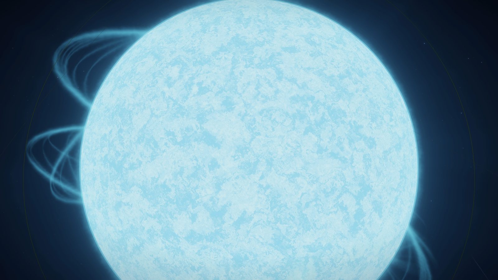 Bright blue star with corona and rings close-up.