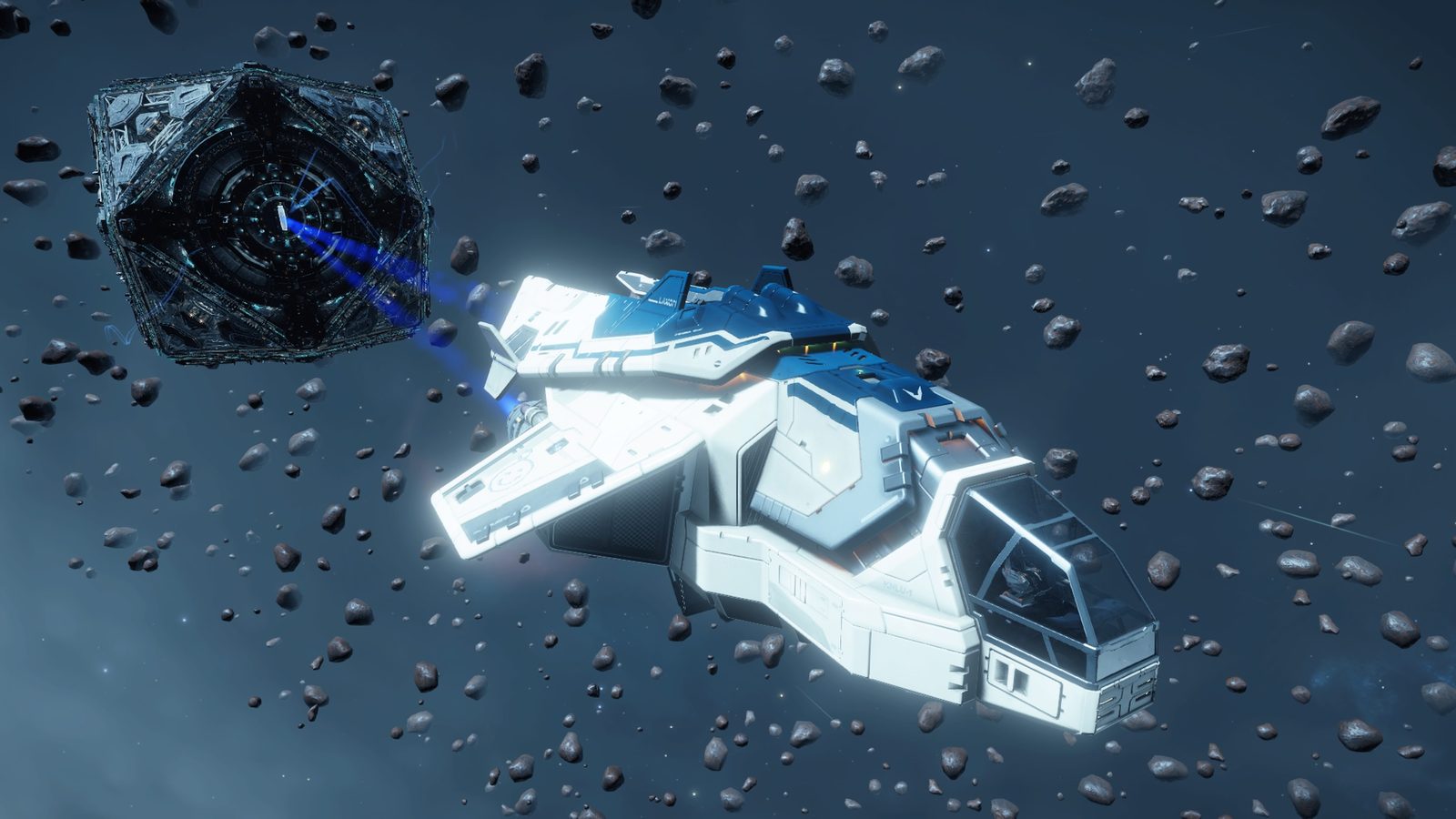 Ship flying near asteroids with clear visuals.