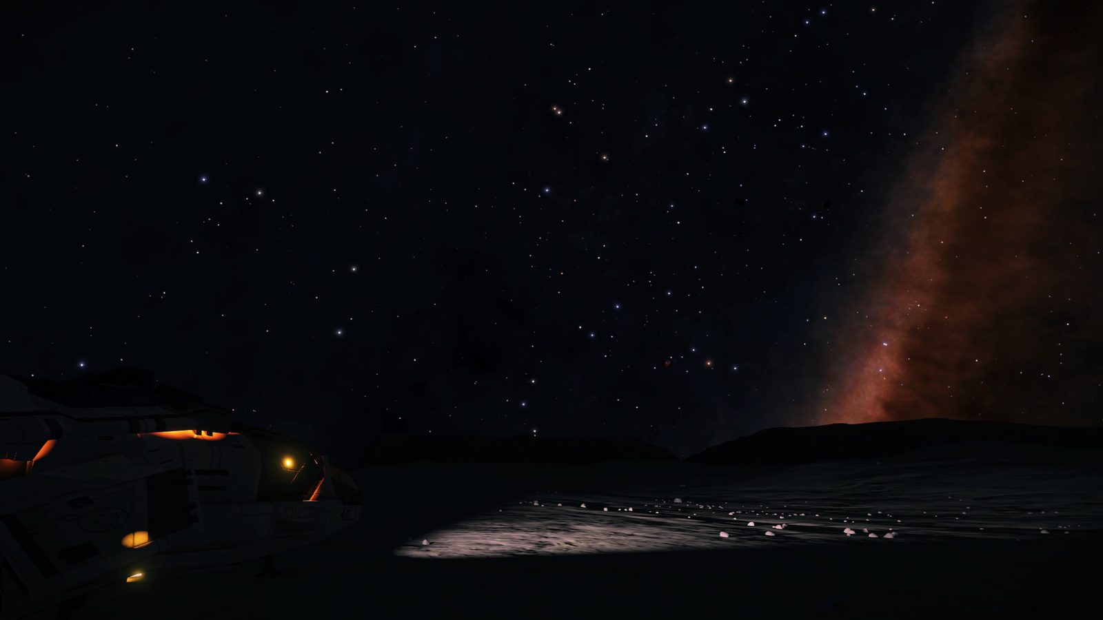Ship on dark planet surface with starry sky.