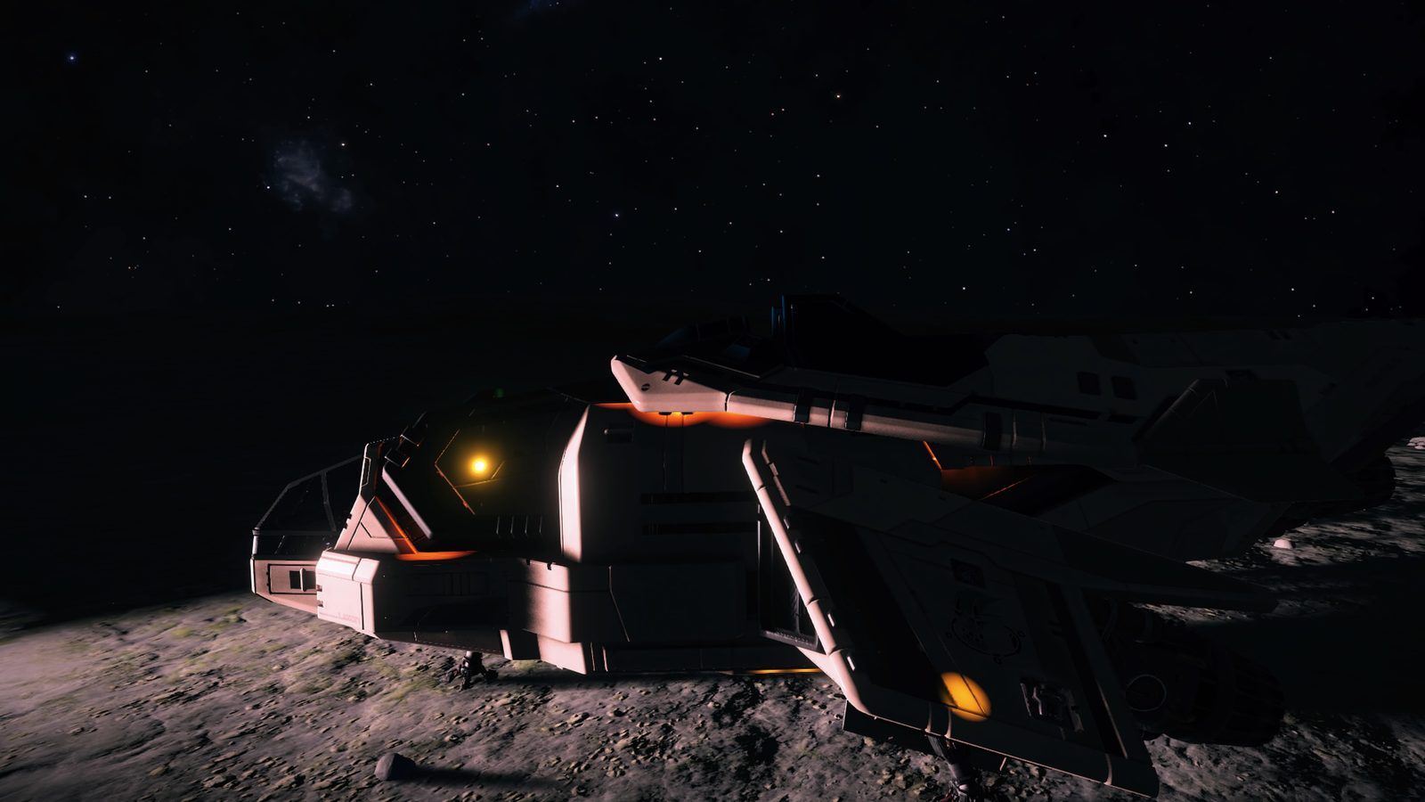 Ship landed on planet at night with visible details.