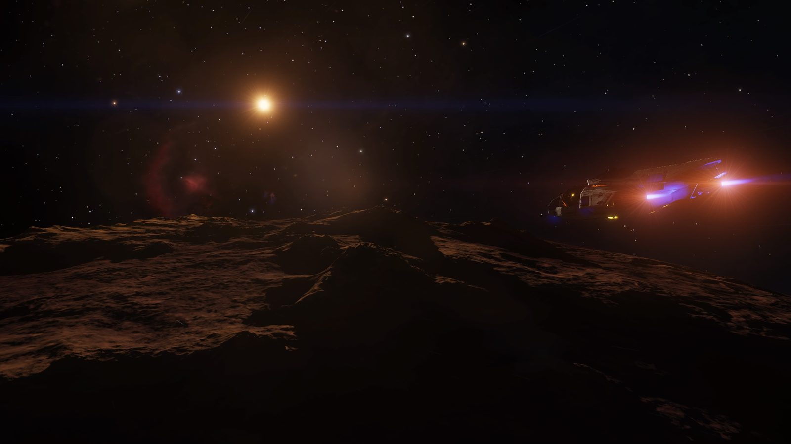 Sunlit surface with ship thrusters, atmospheric and dynamic.