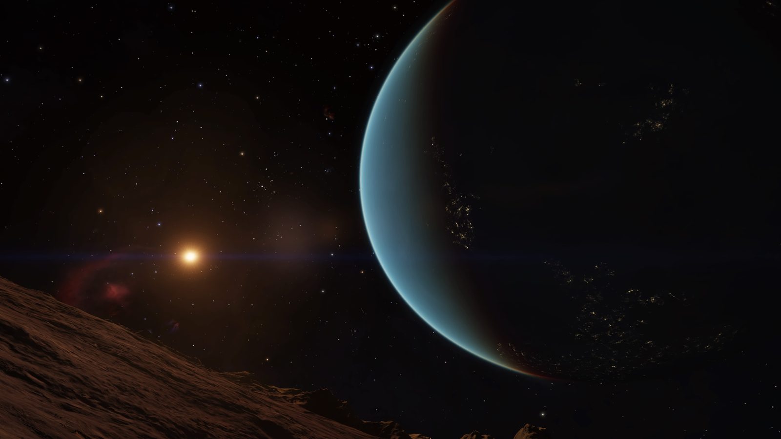 Good scenic planetary and space view with strong lighting and scale.