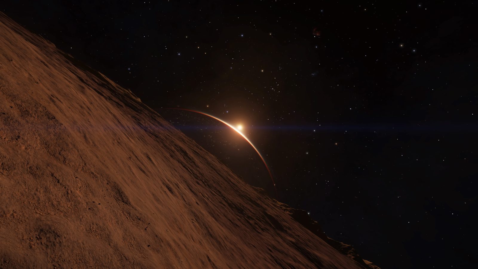 Detailed planetary surface with sun and atmospheric effects.