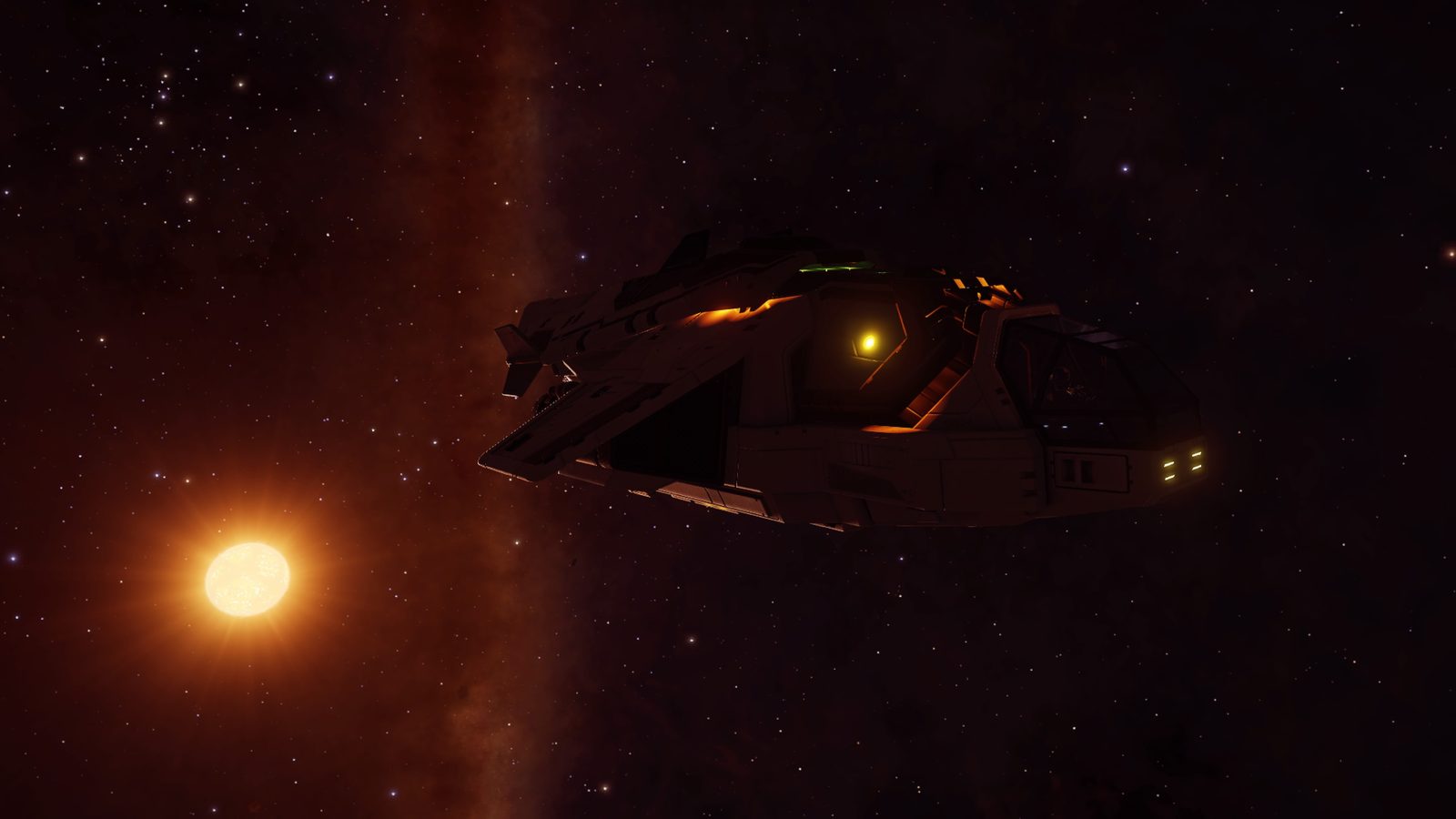 Spacecraft near star with detailed background.