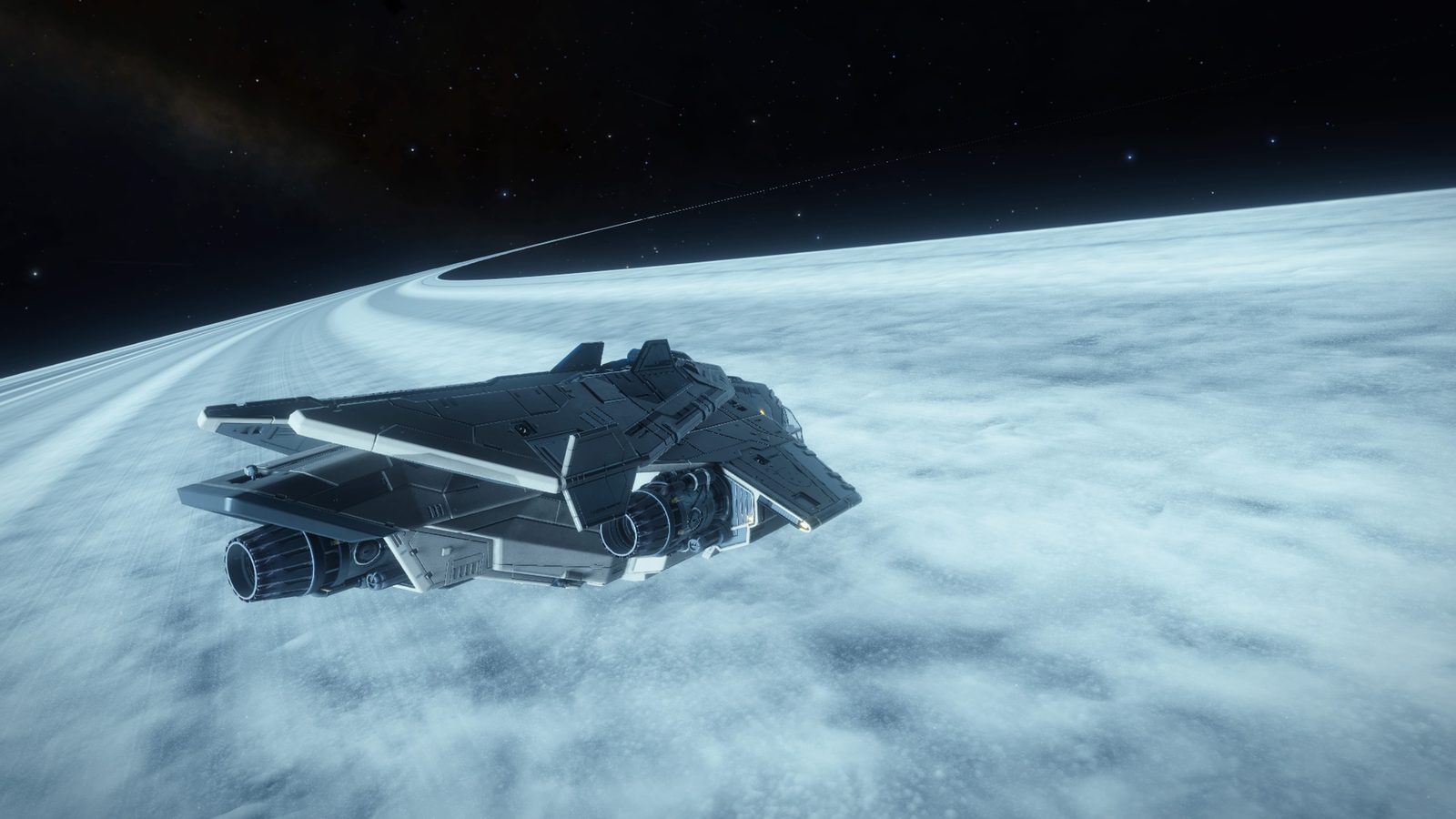 Ship over planet rings with good detail.