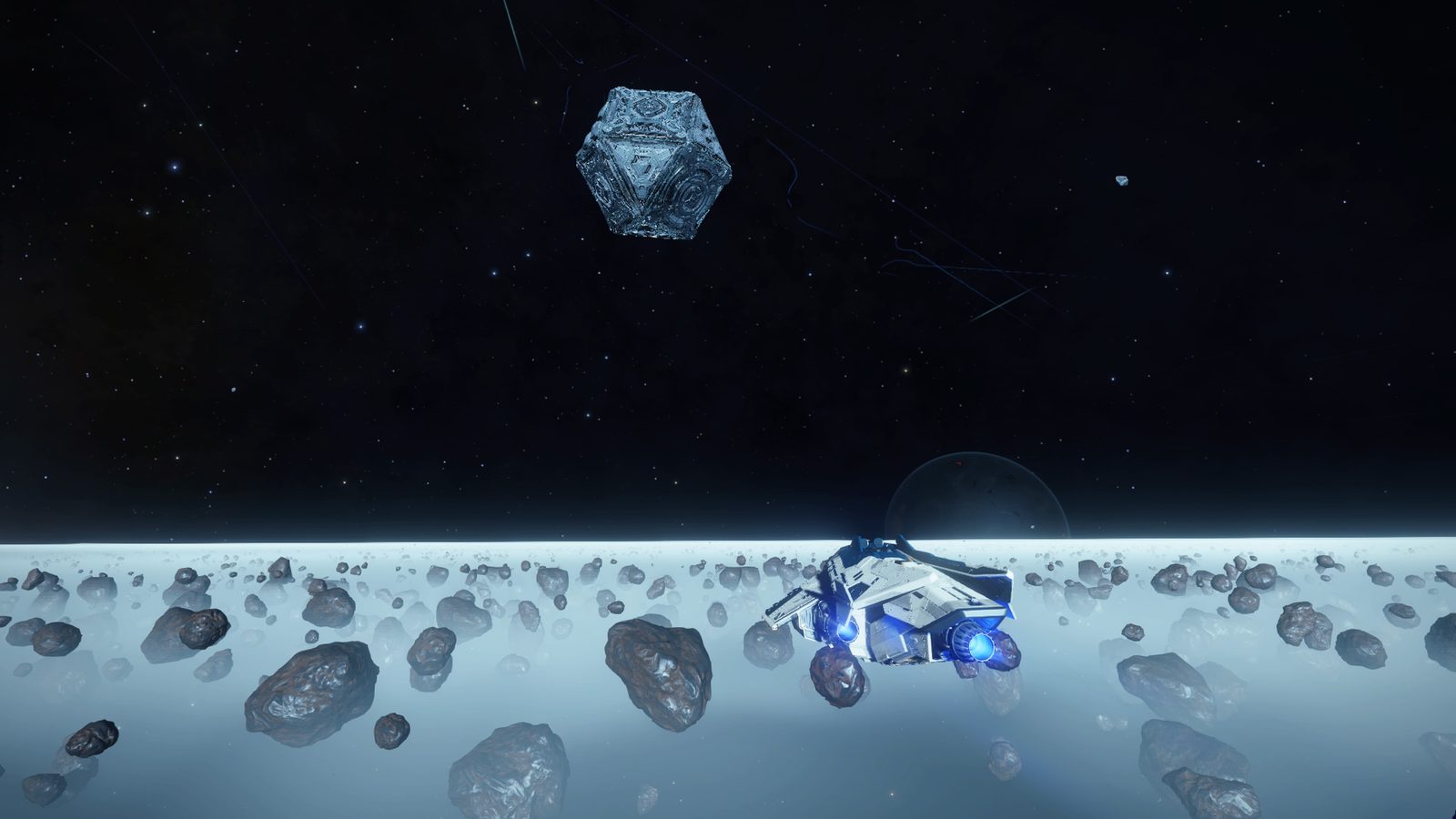 Surface rover in asteroid belt with distant object.