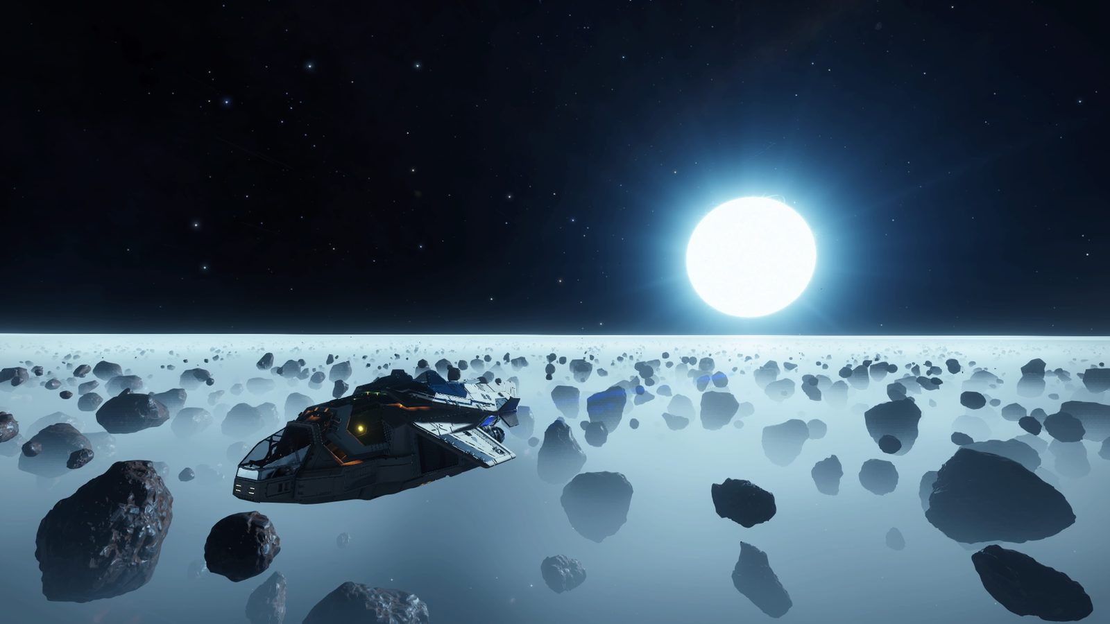 Ship navigating asteroid field near bright star.