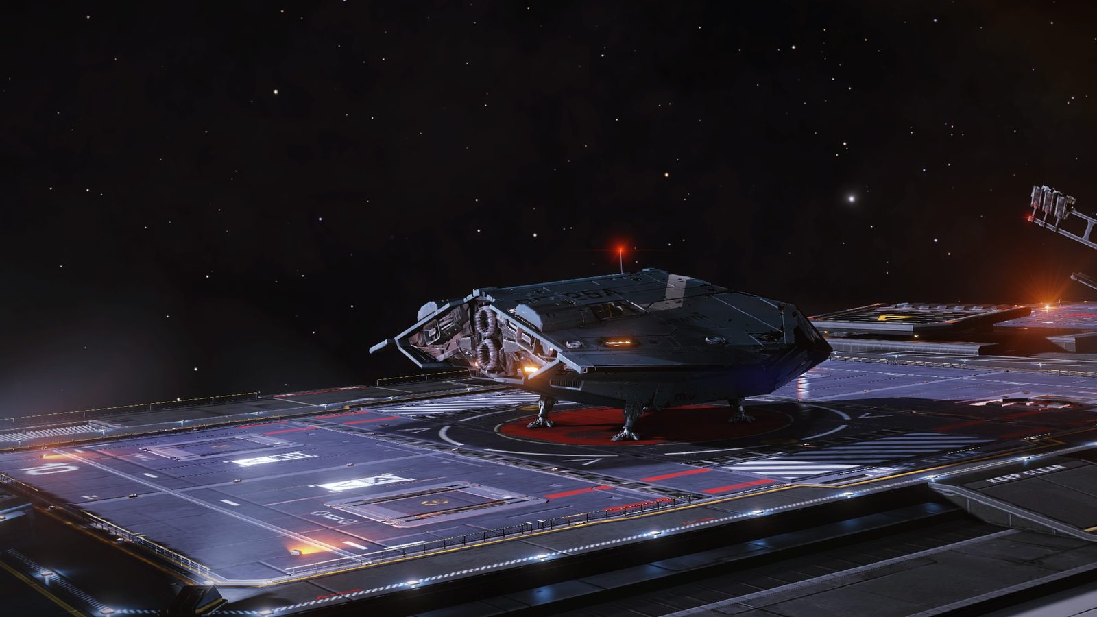 Alternate angle of ship on landing pad, well lit and detailed.