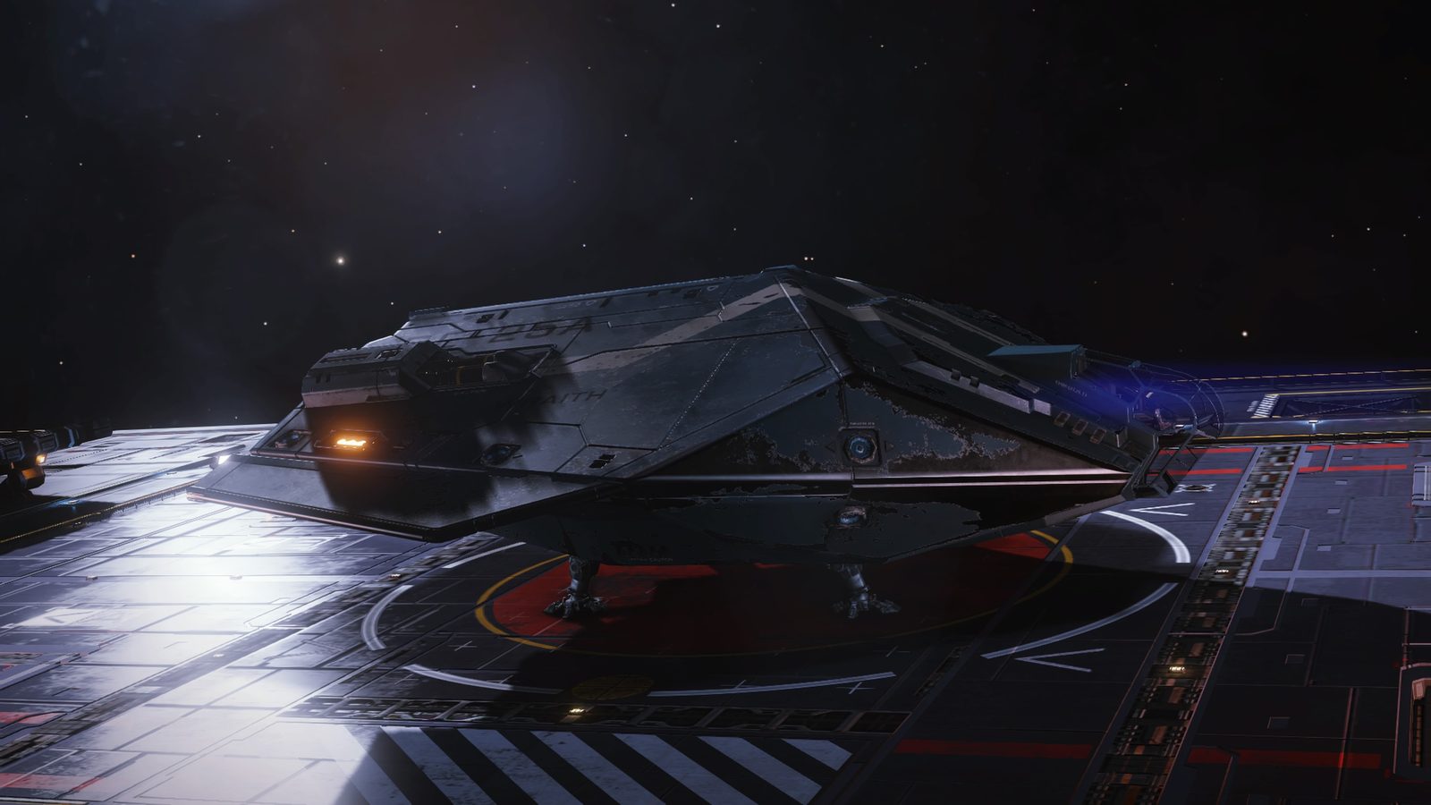Ship docked on station pad, strong composition.
