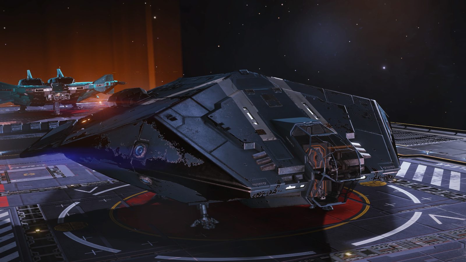 Ship docked on station pad, detailed and well-lit.