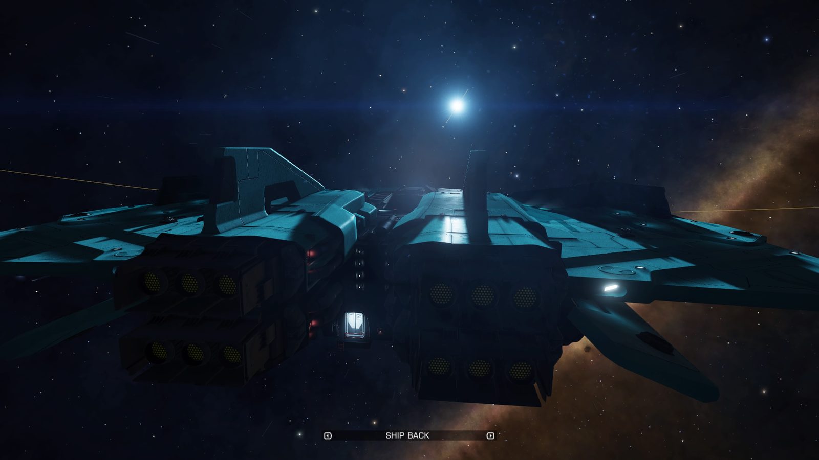 Ship rear thrusters visible with starfield backdrop.