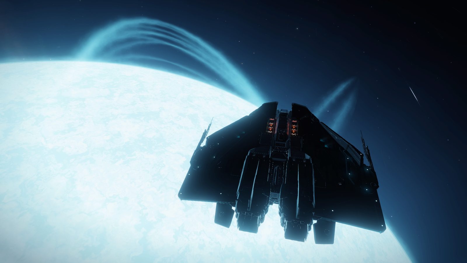 Ship near bright star with visible solar flares.