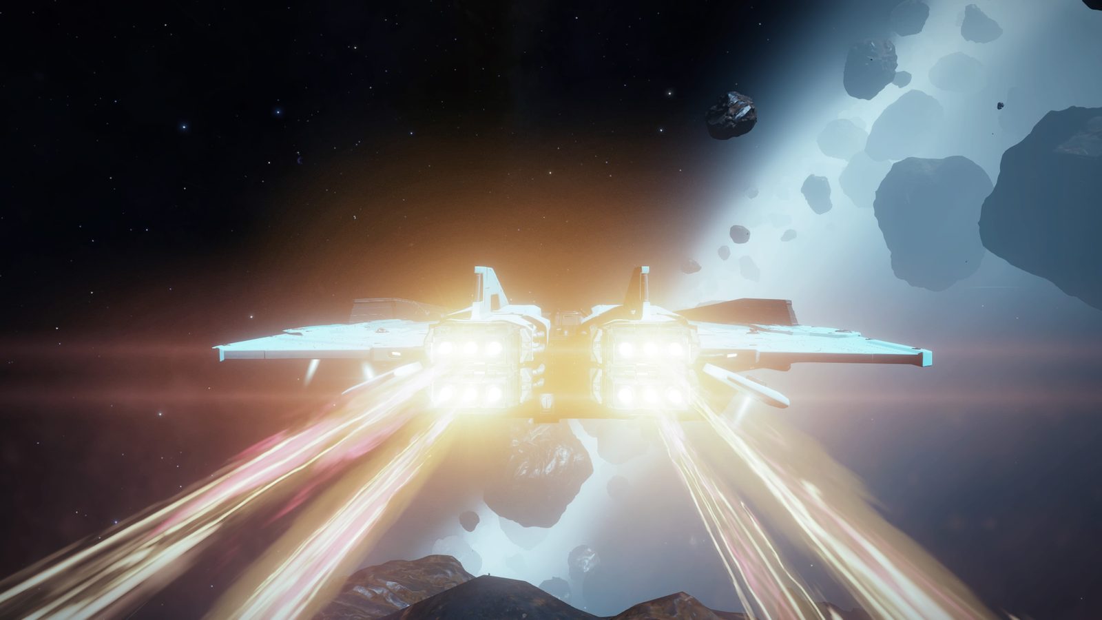 Thrusters and asteroids create dynamic space scene.