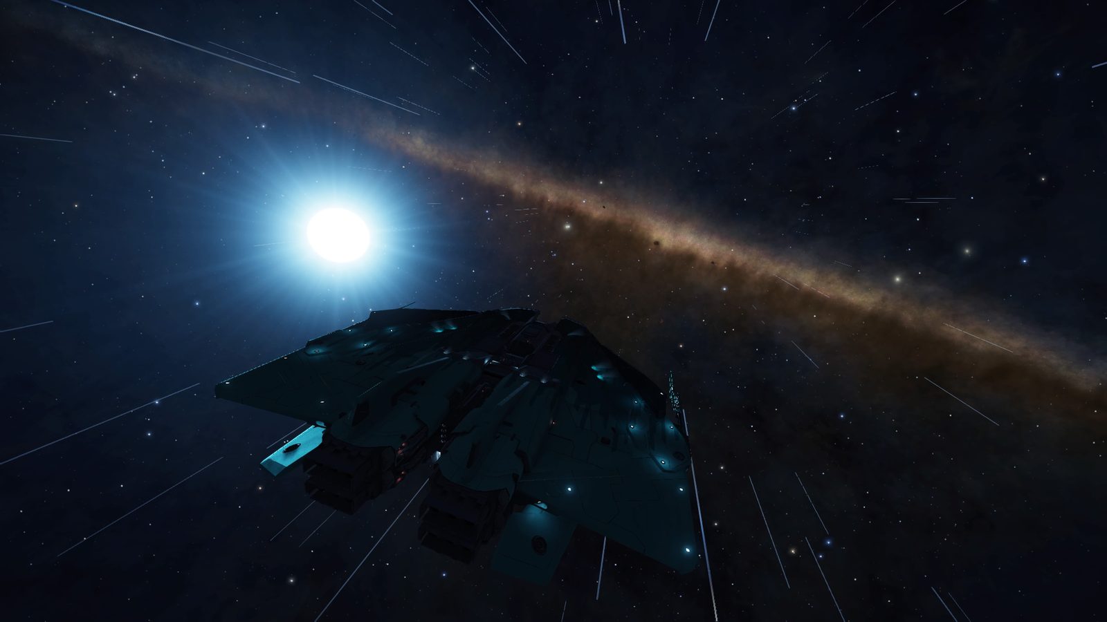 Space travel shot with star and galaxy background.