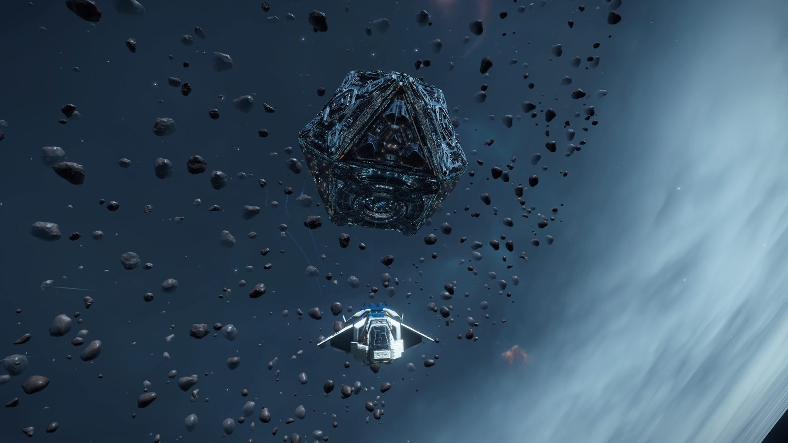 Interesting structure and asteroid field with ship.