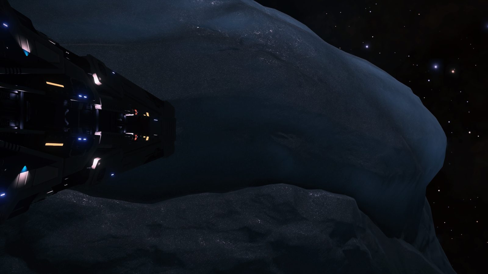 Asteroid approach with ship detail, atmospheric lighting.