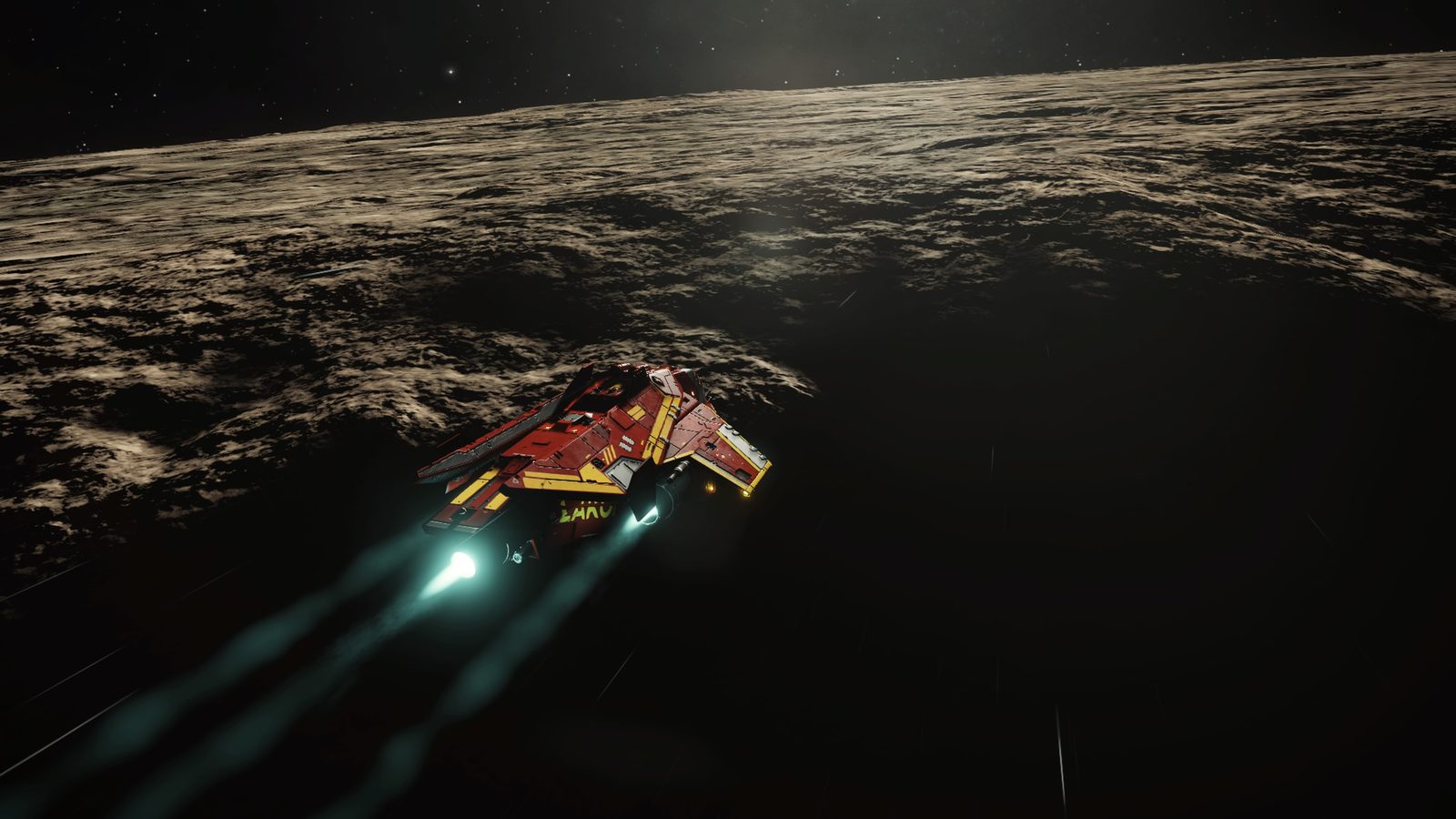 Ship over planet surface, dynamic and clear.