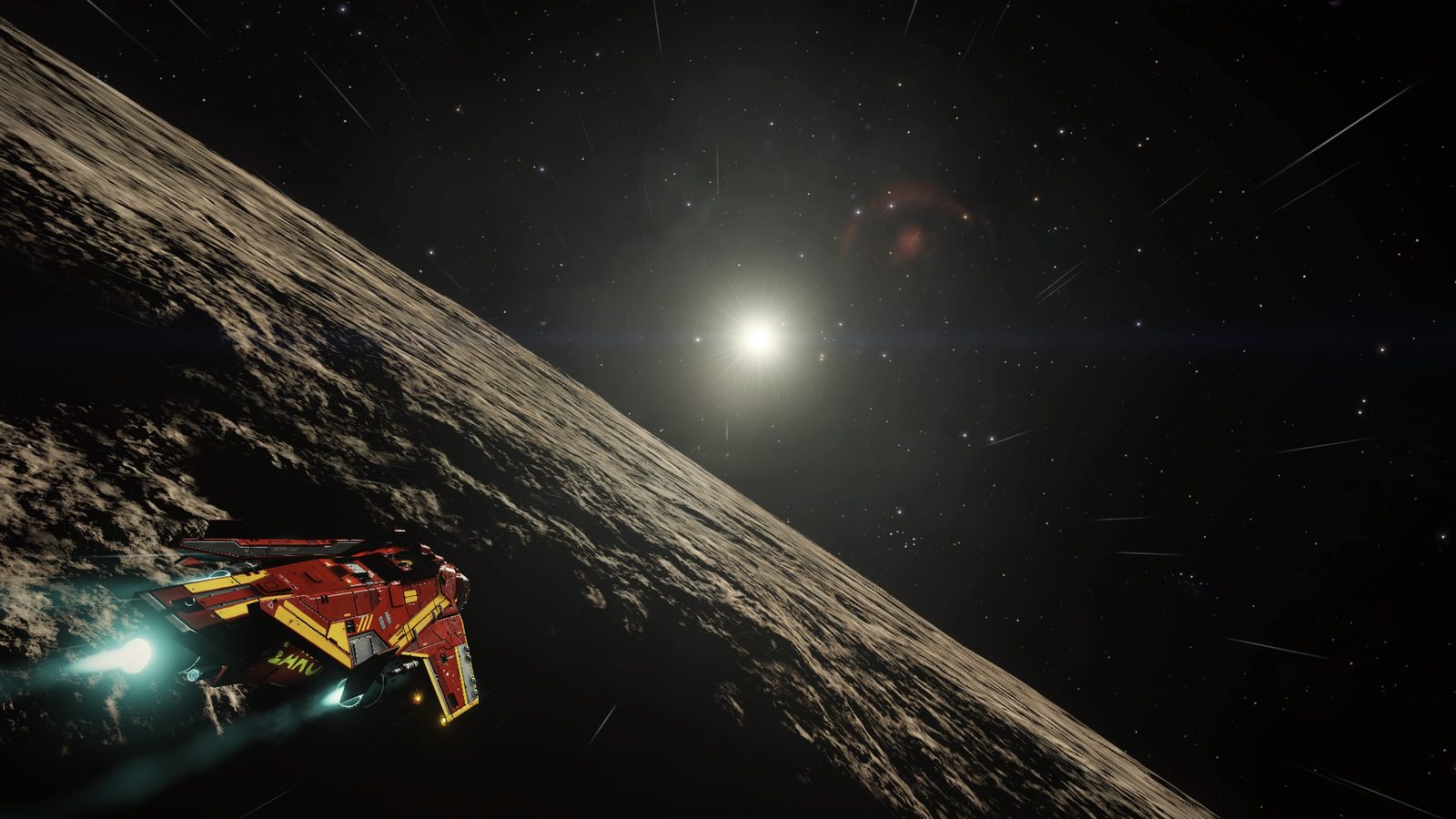 Ship near planet surface with sun in background.