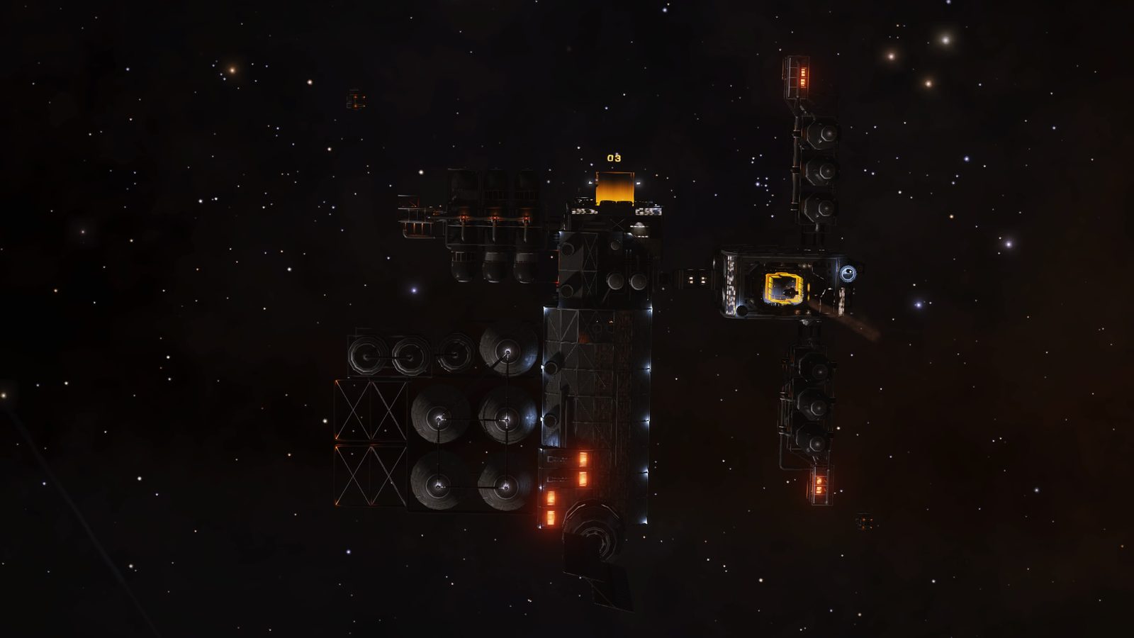 Dark space station scene with visible structures and lighting.