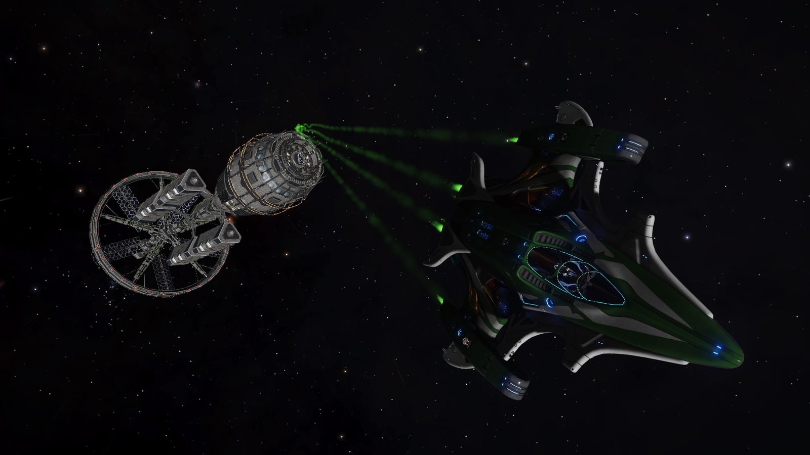 Combat scene with ship firing on station.