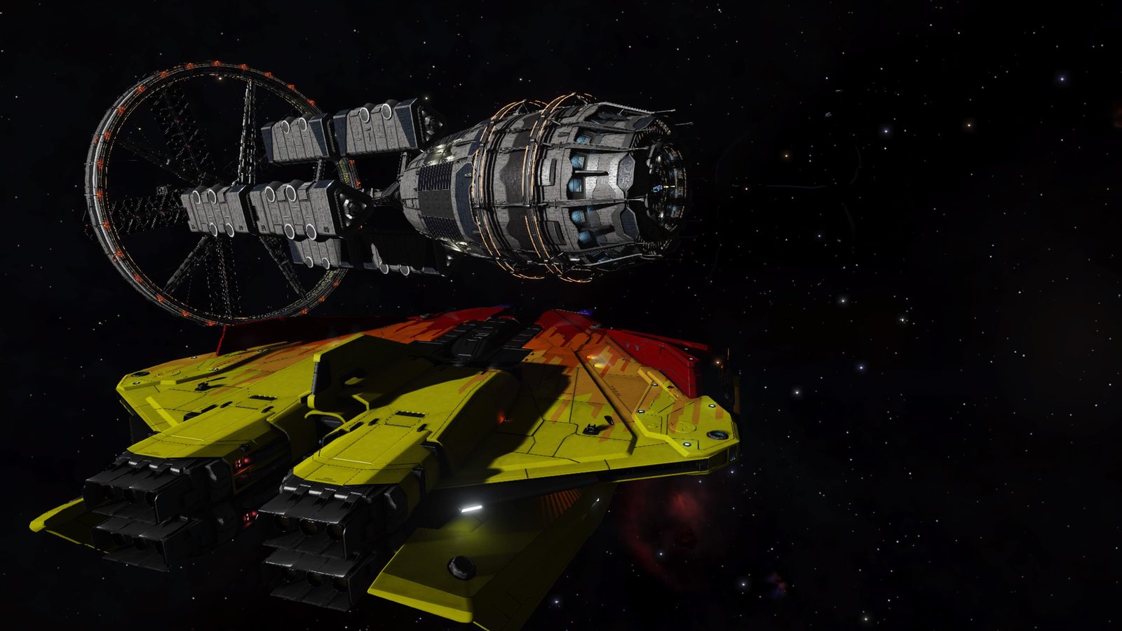 Ship docked or near large station structure.